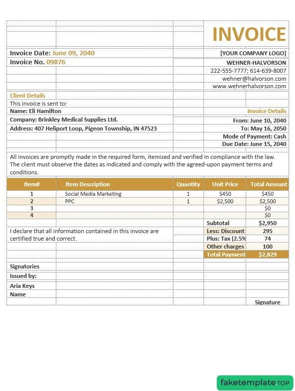 Feature of fake Basic Agency invoice example